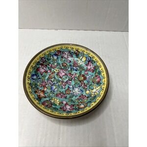 Porcelain On Brass Bowl Dish Hand Painted Floral Vintage Hong Kong